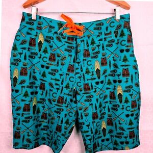 The Chive Mens Teal Camping Novelty Print Board Shorts Swim Trunks Size 36